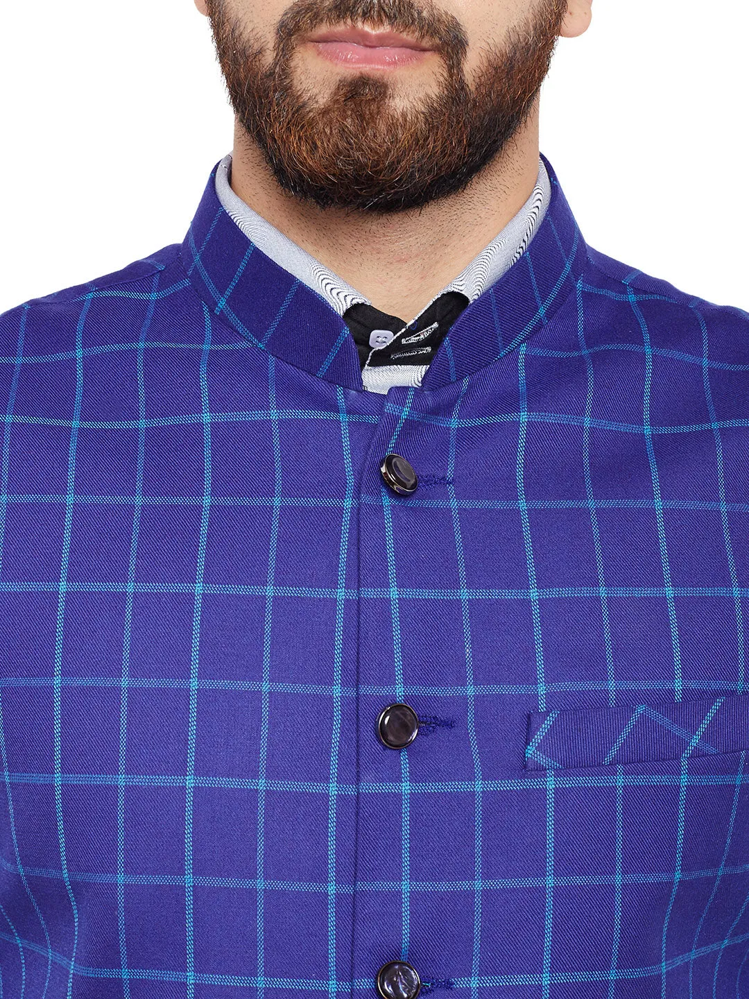 Men Blue Checked Slim Fit Casual Nehru Jacket