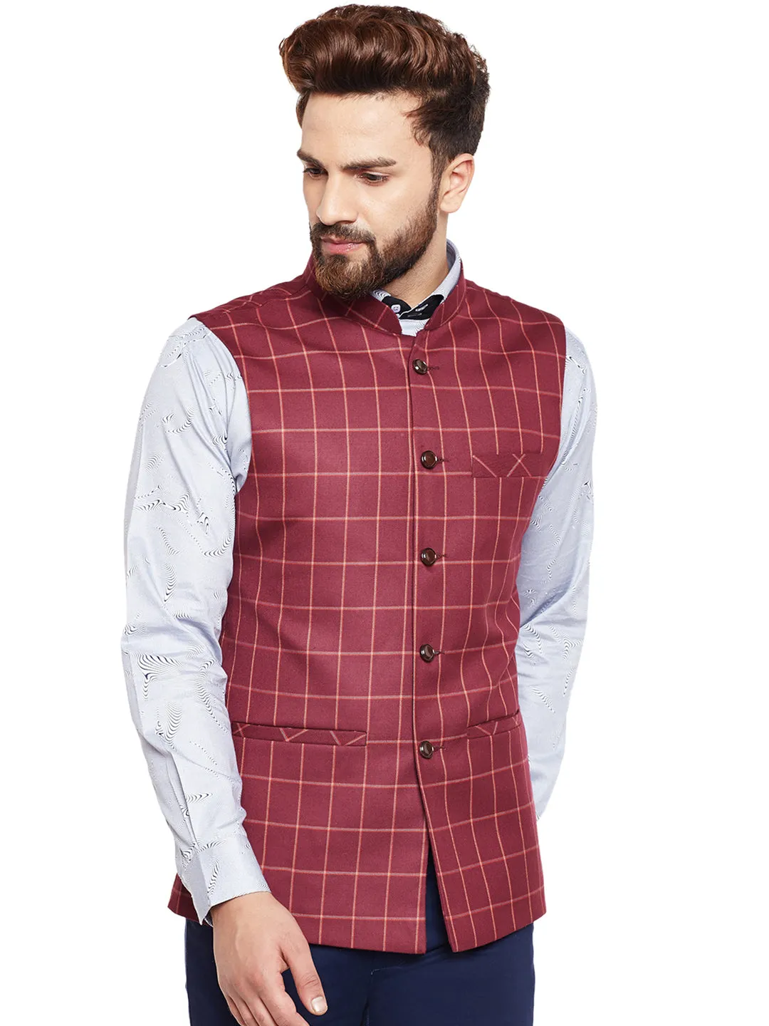 Men Maroon Checked Slim Fit Casual Nehru Jacket