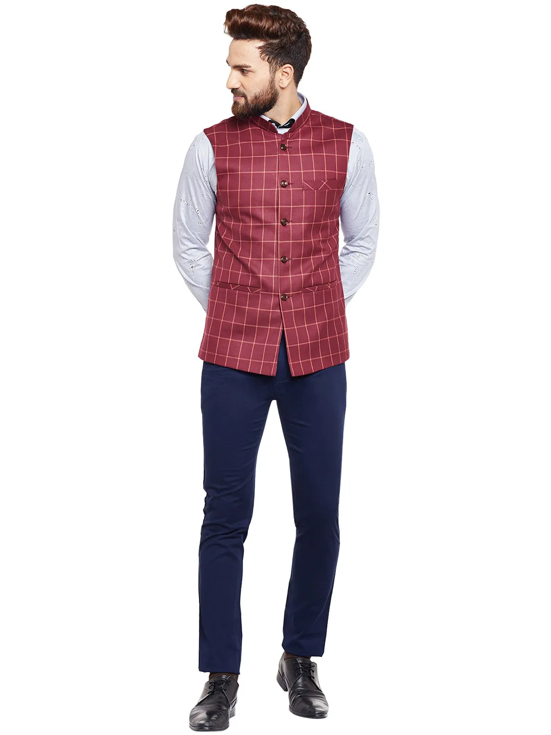 Men Maroon Checked Slim Fit Casual Nehru Jacket