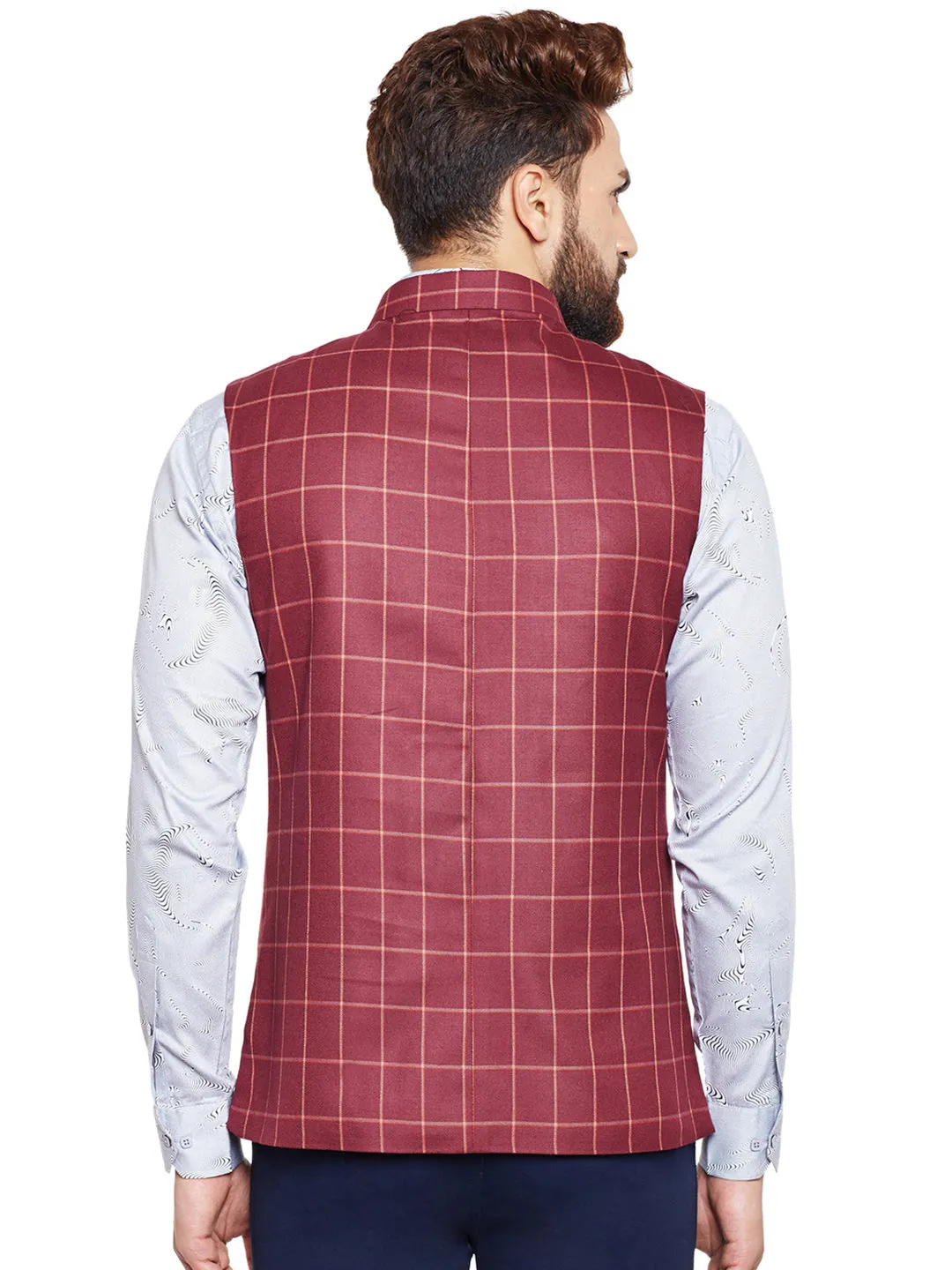 Men Maroon Checked Slim Fit Casual Nehru Jacket