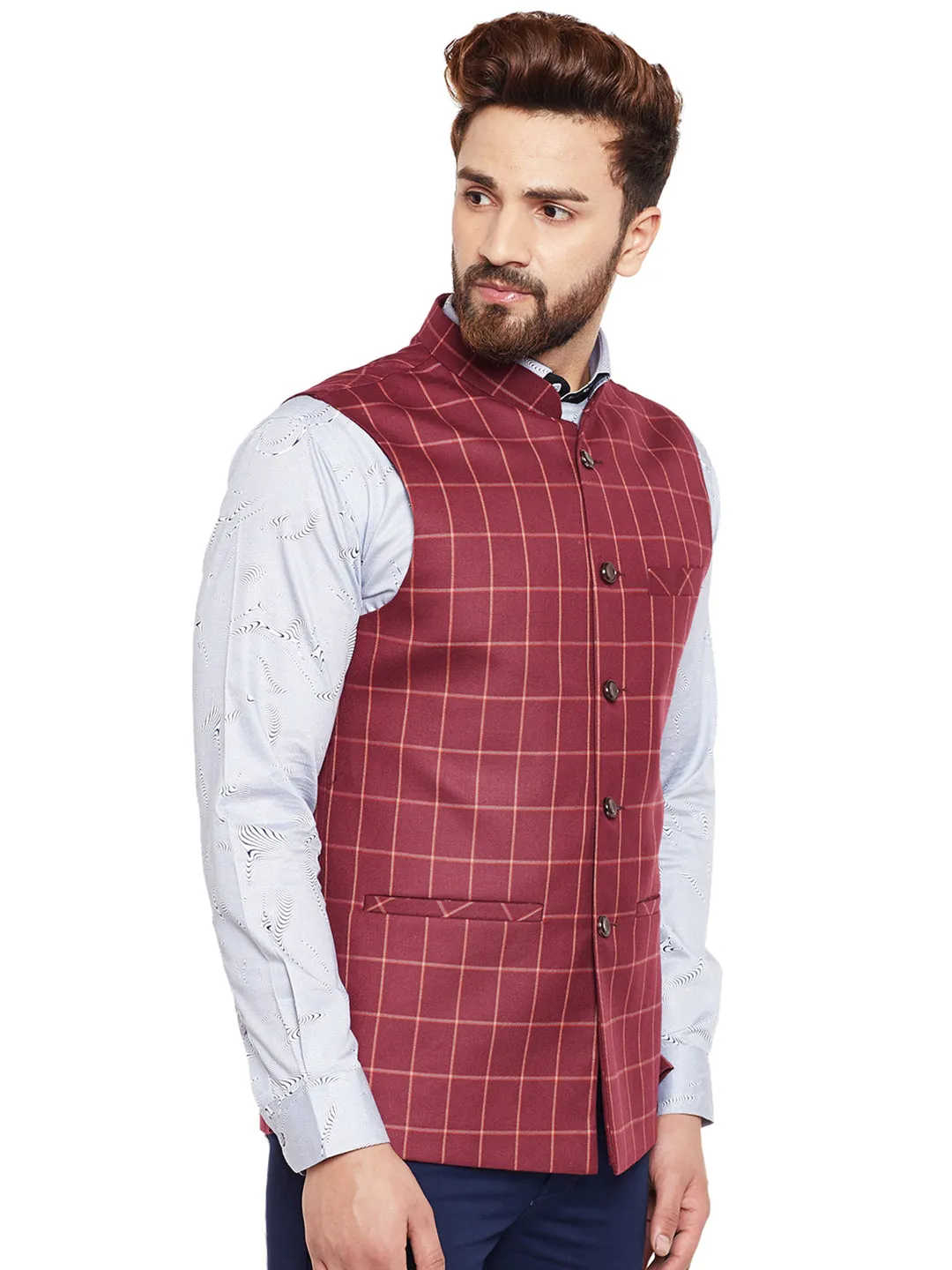 Men Maroon Checked Slim Fit Casual Nehru Jacket