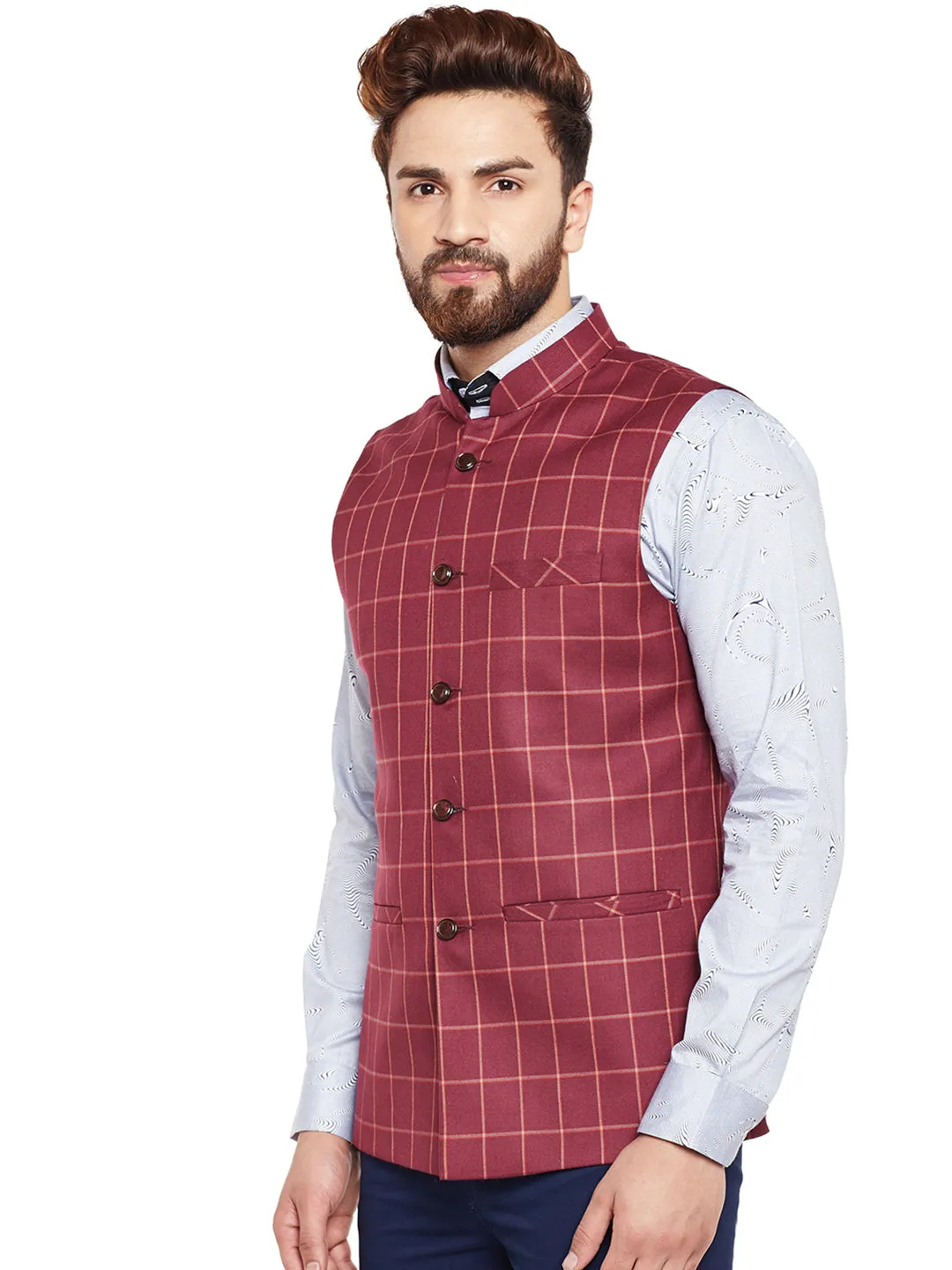 Men Maroon Checked Slim Fit Casual Nehru Jacket