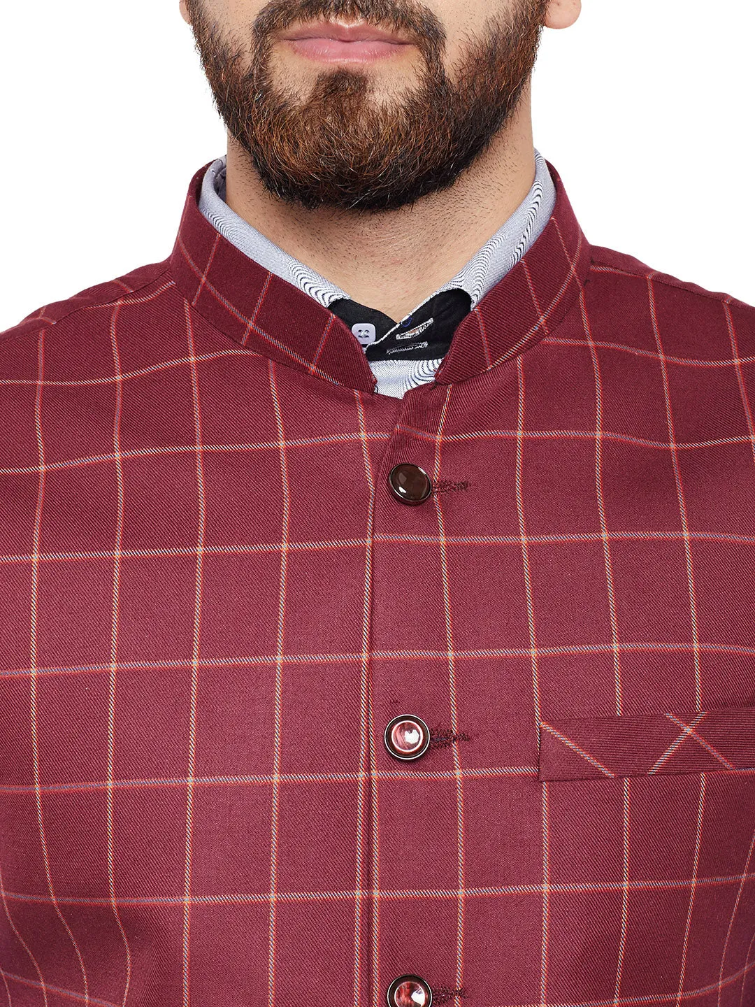 Men Maroon Checked Slim Fit Casual Nehru Jacket