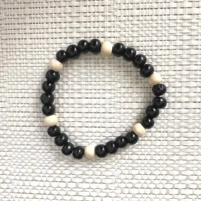 Mens Black and White Wood Bead Bracelet