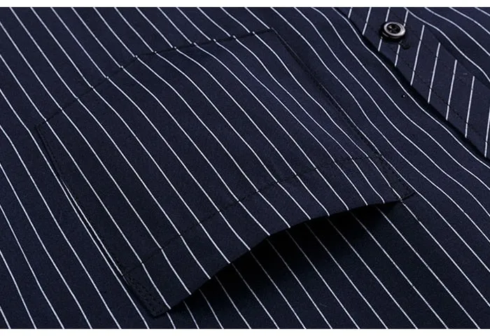 Men's Casual Cotton Striped Single Patch Pocket Office Long Sleeve Shirt