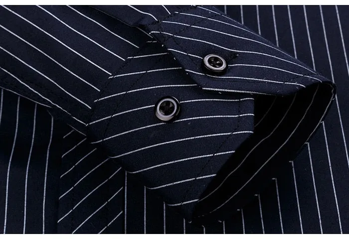 Men's Casual Cotton Striped Single Patch Pocket Office Long Sleeve Shirt