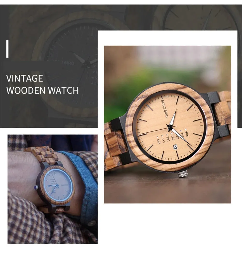 Men's Casual Style Quartz Movement Date Display Wooden Wristwatch