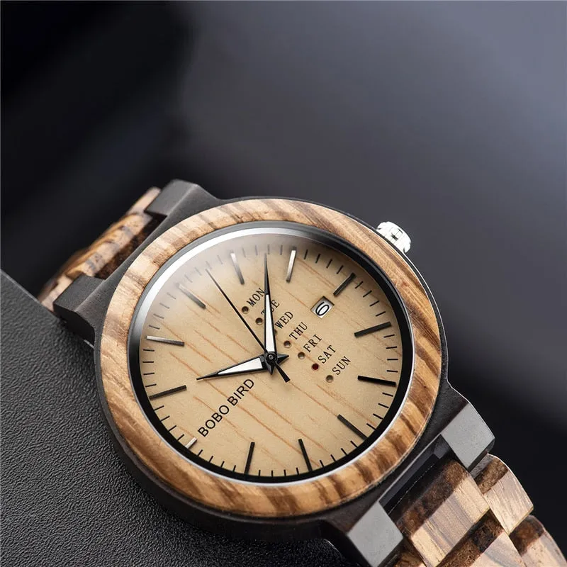 Men's Casual Style Quartz Movement Date Display Wooden Wristwatch