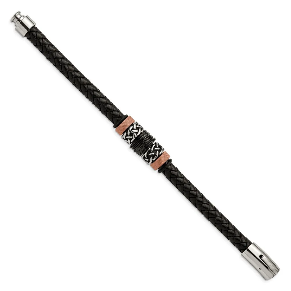 Men's Tricolor Stainless Steel & Black Leather Bead Bracelet, 8.5 Inch