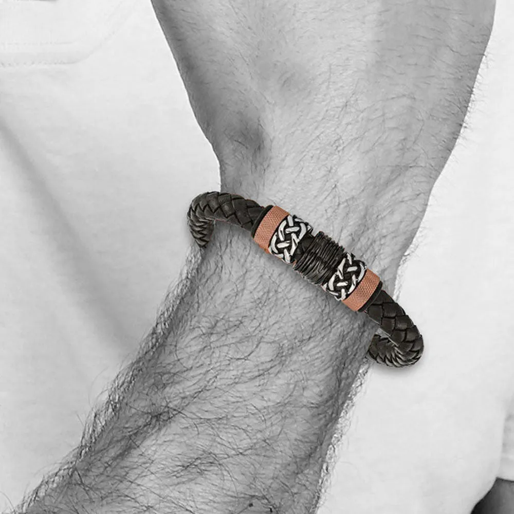 Men's Tricolor Stainless Steel & Black Leather Bead Bracelet, 8.5 Inch