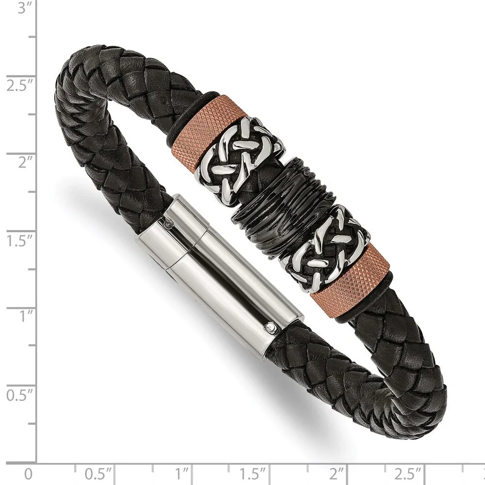 Men's Tricolor Stainless Steel & Black Leather Bead Bracelet, 8.5 Inch