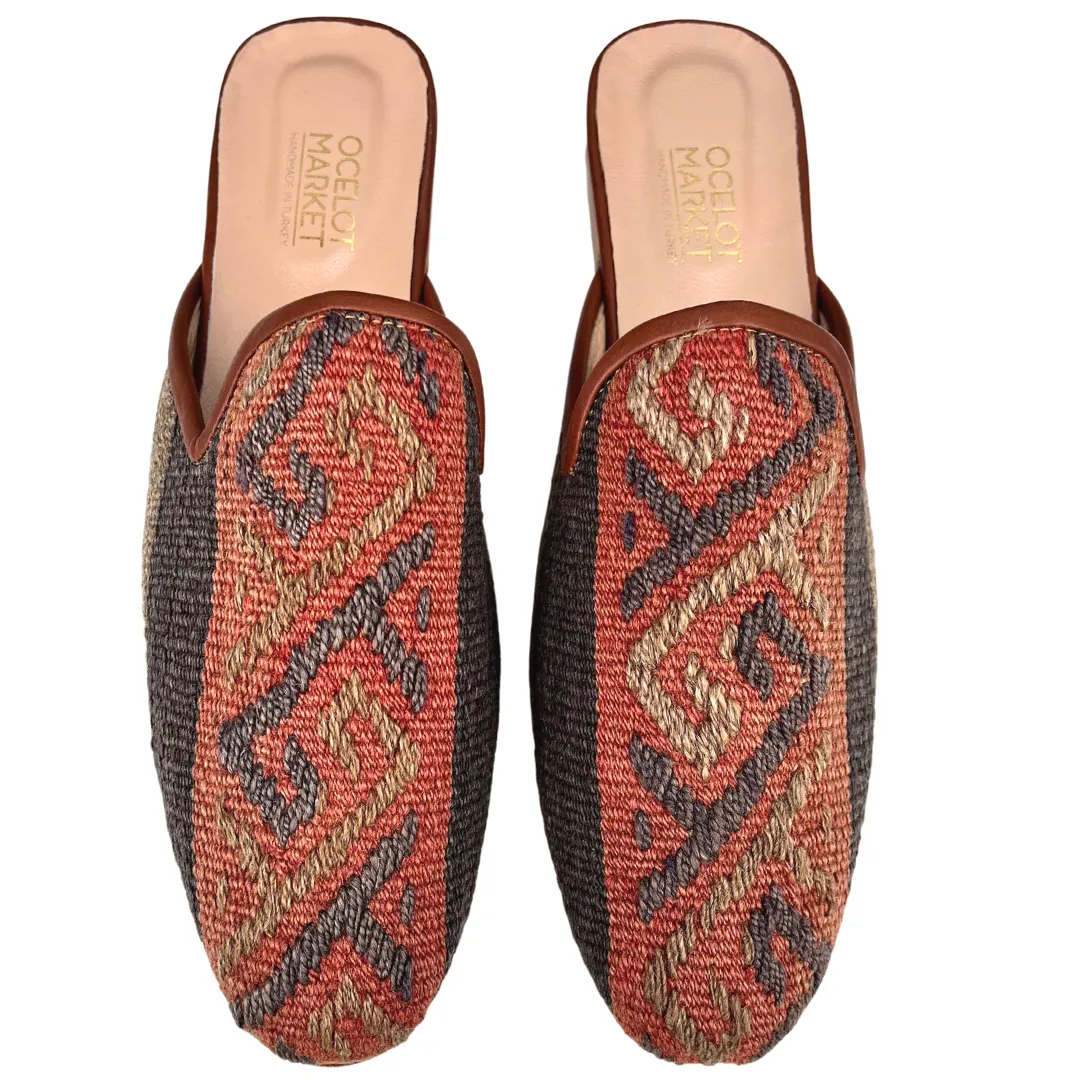 Men's Turkish Kilim Mule Muted Grey & Red