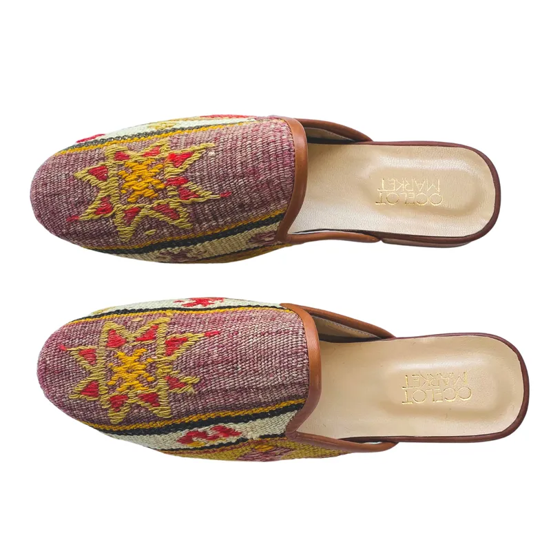 Men's Turkish Kilim Mule - Washed Maroon, Beige, Yellow