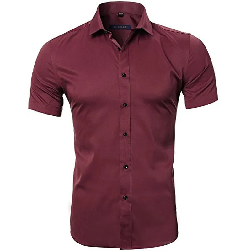 Men's Wine Red Bamboo Fiber Casual Slim Fit Non Iron Short Sleeve Shirt