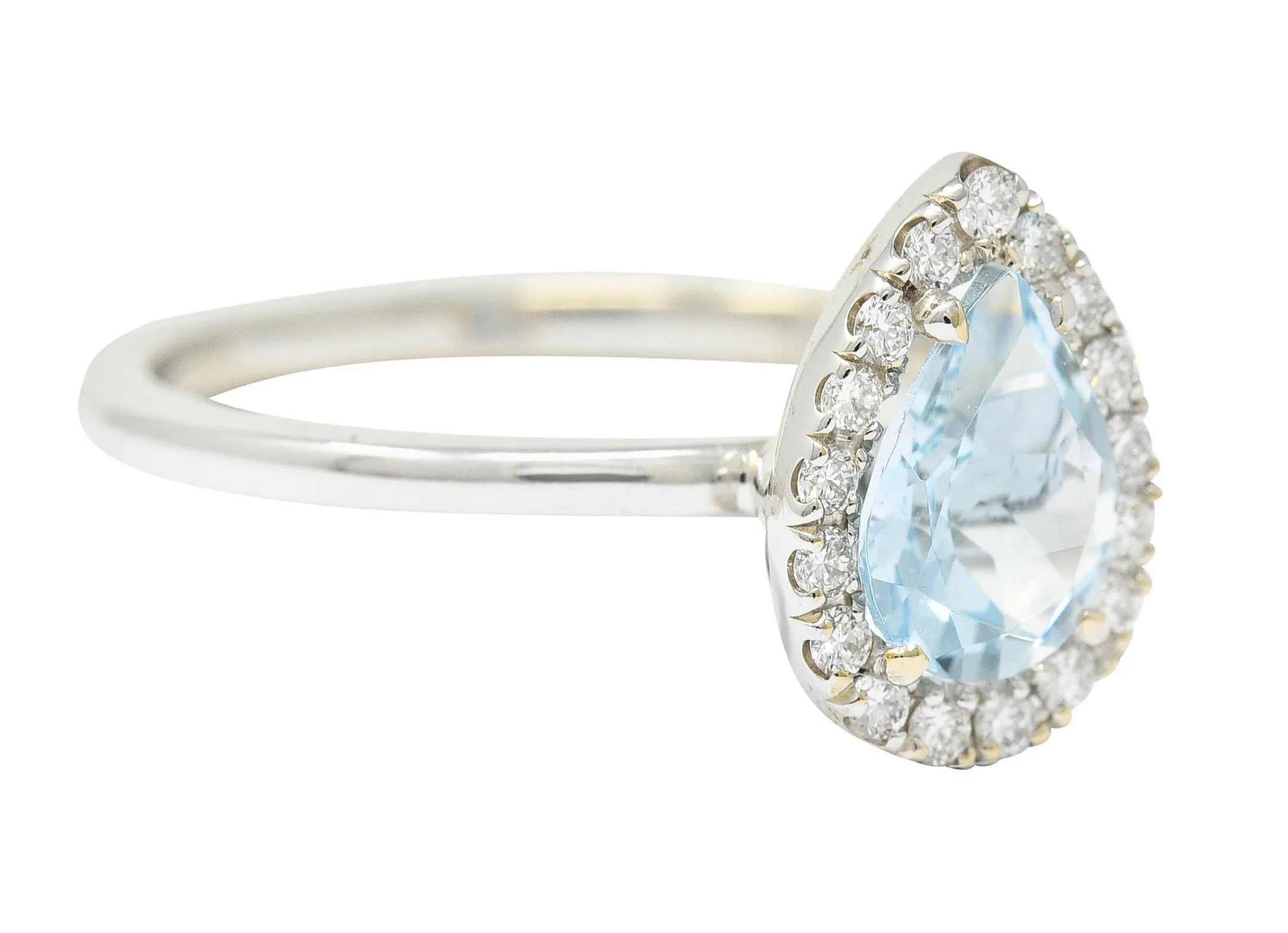 Modern Pear Cut Aquamarine Diamond Halo 18 Karat White Gold Ring