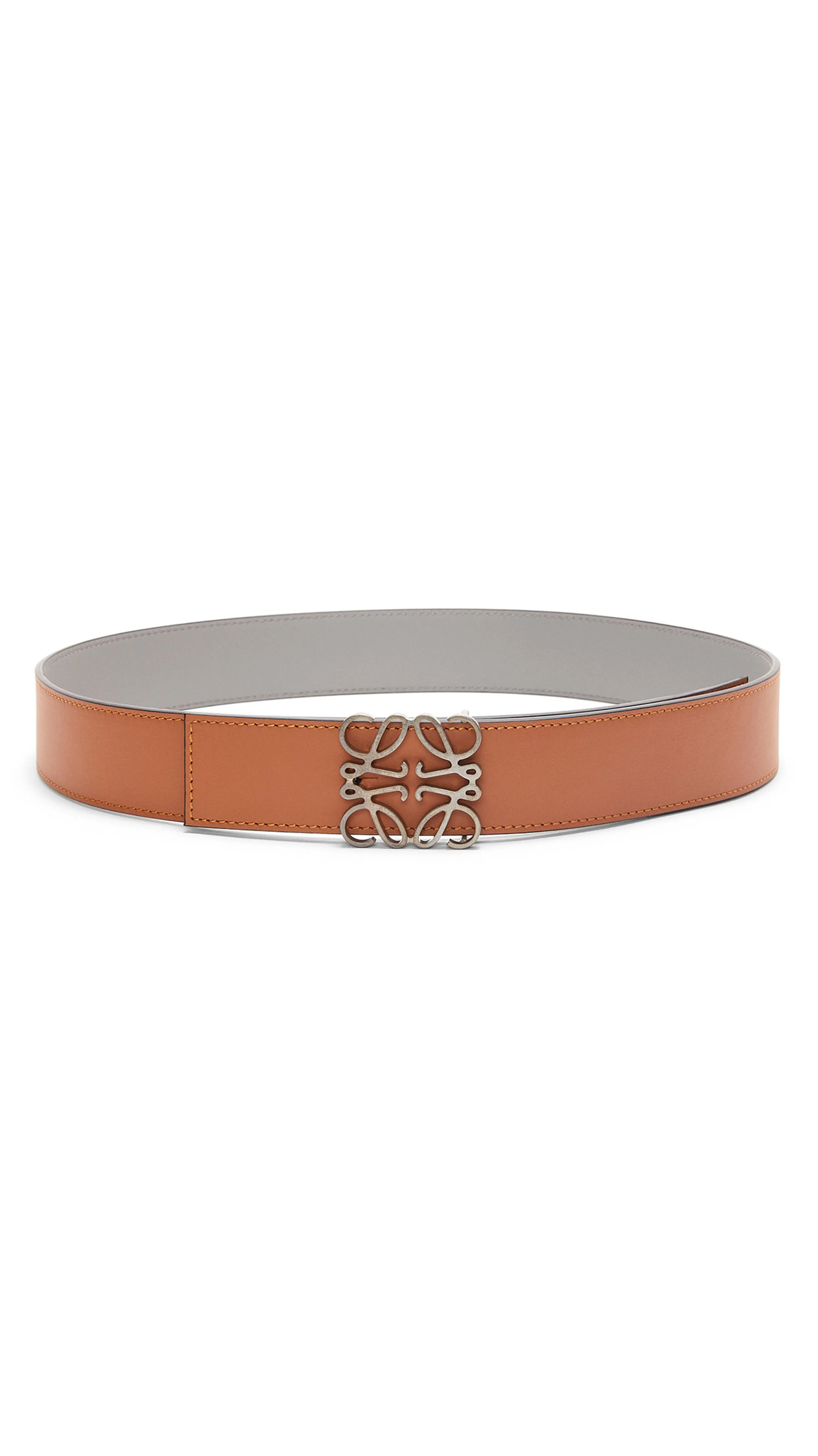 Reversible Anagram Belt in Smooth Calfskin - Tan/Asphalt Grey/Pewter