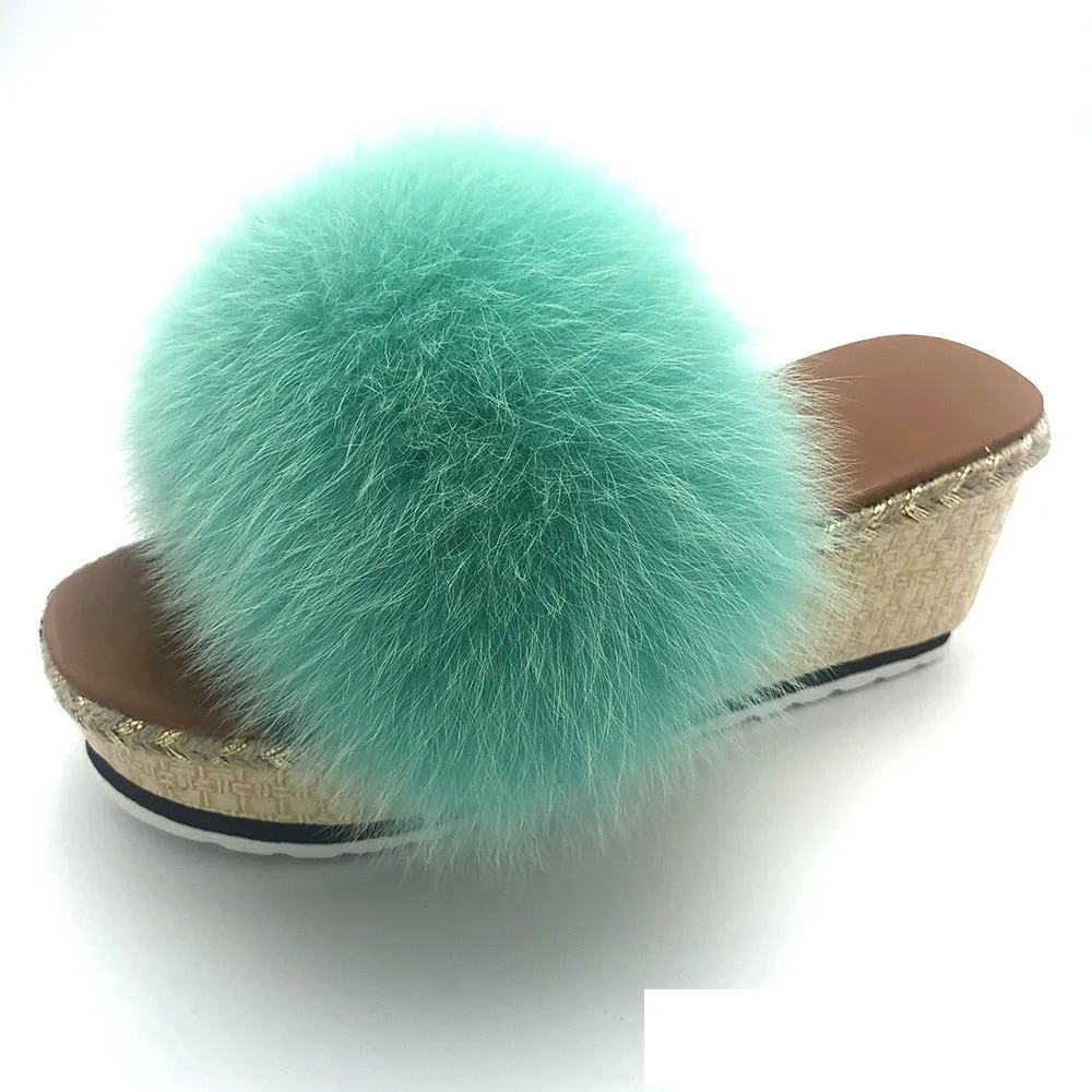 Summer Mint Green Color Real Fox Fur Wedges House Slippers for Women