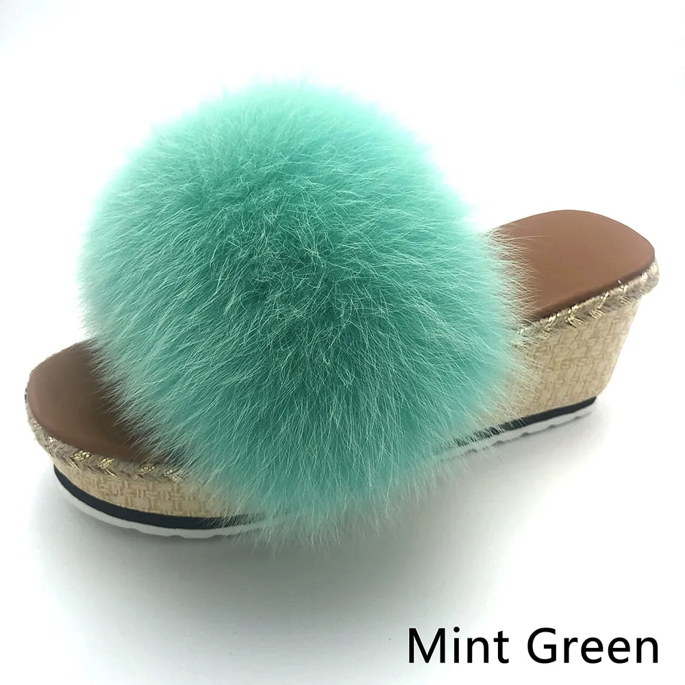 Summer Mint Green Color Real Fox Fur Wedges House Slippers for Women