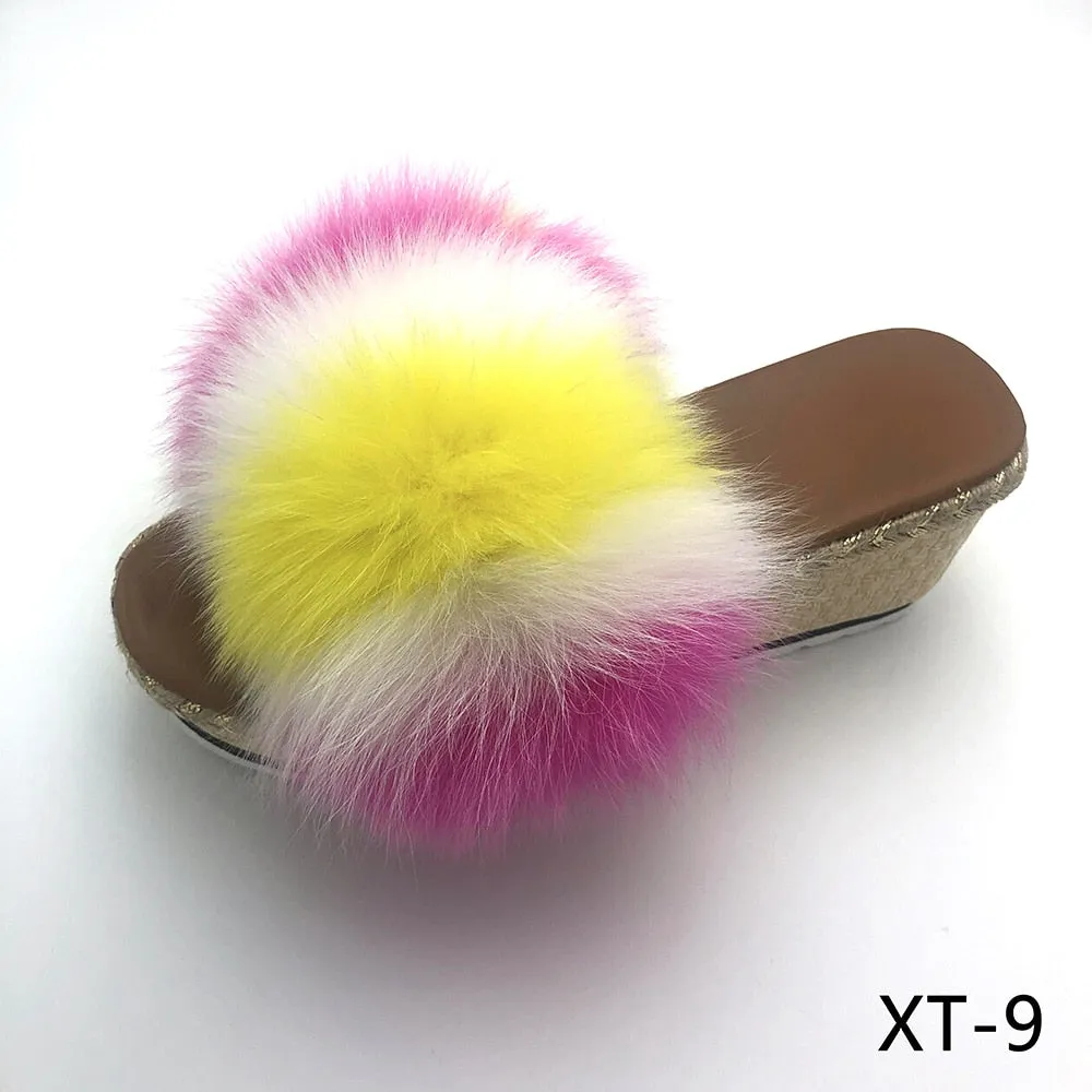 Summer Style Real Fox Fur High-Heel House Slippers for Women