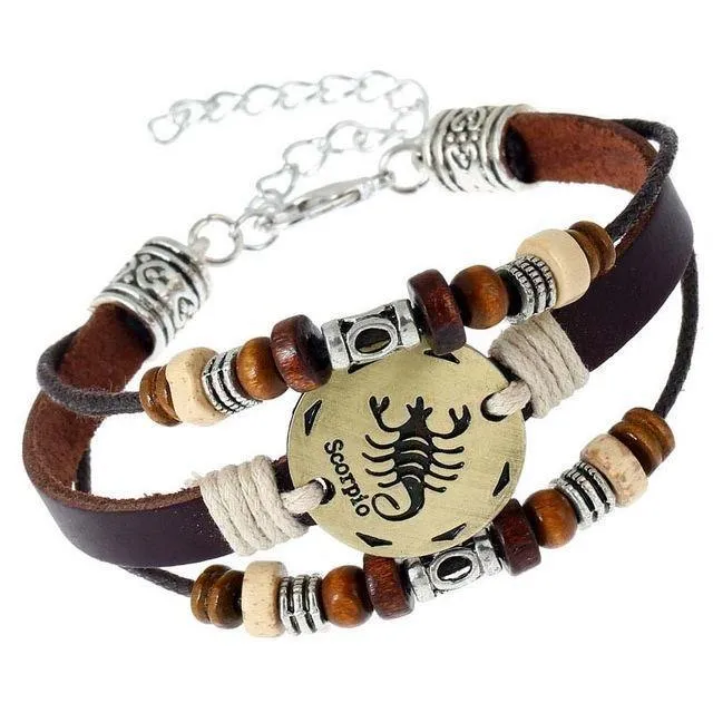 Three-Layered Ethnic Brown Leather Zodiac Bracelet [12 Variants]