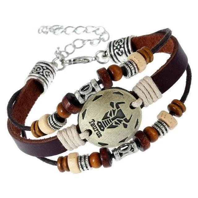 Three-Layered Ethnic Brown Leather Zodiac Bracelet [12 Variants]