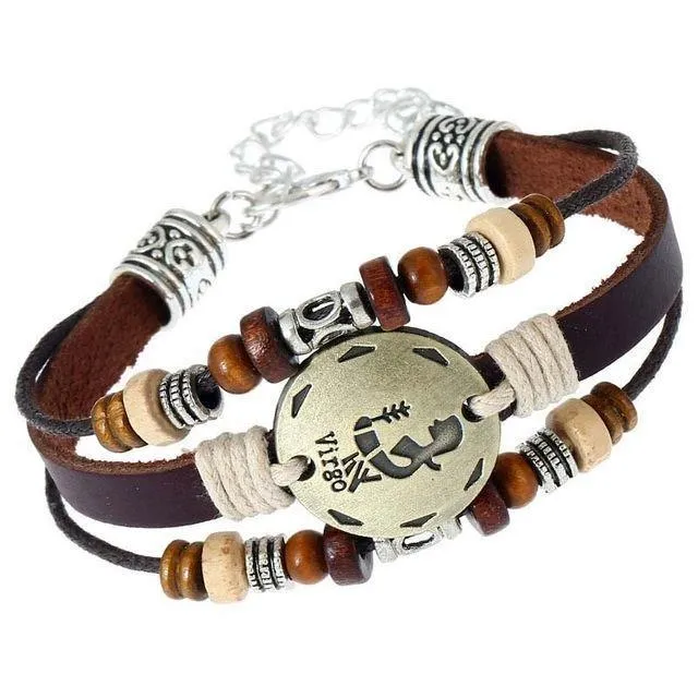 Three-Layered Ethnic Brown Leather Zodiac Bracelet [12 Variants]