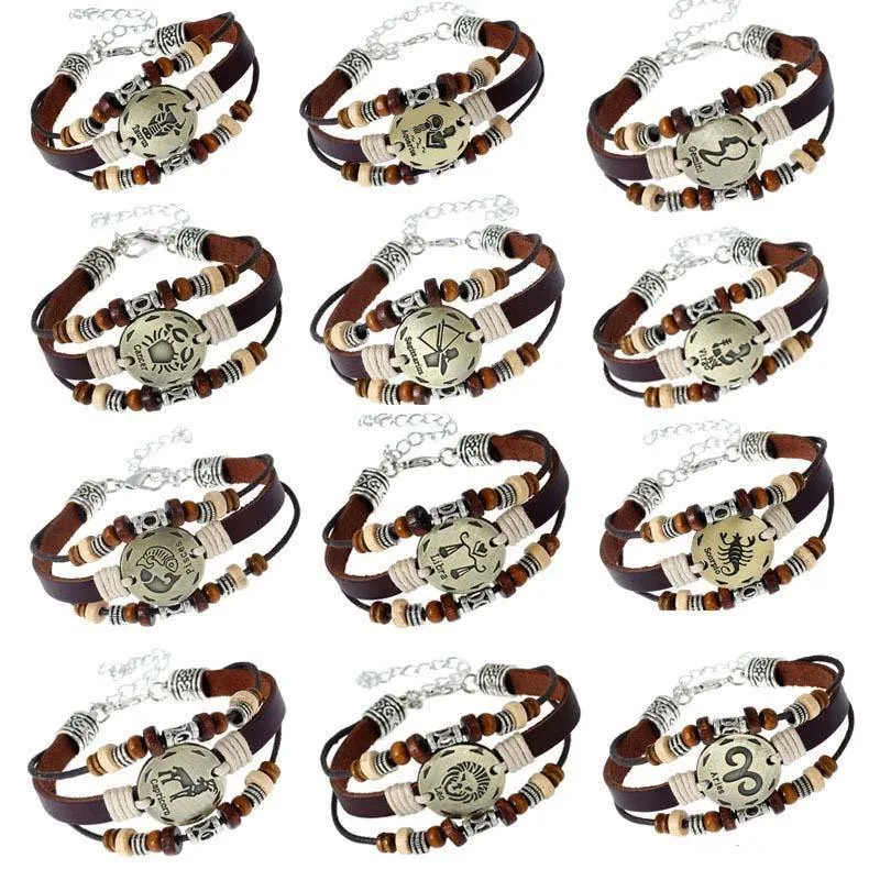 Three-Layered Ethnic Brown Leather Zodiac Bracelet [12 Variants]