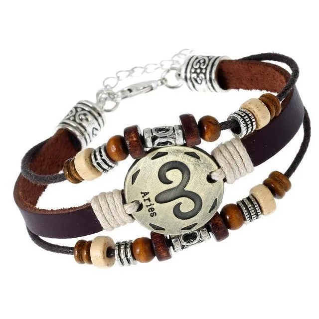 Three-Layered Ethnic Brown Leather Zodiac Bracelet [12 Variants]