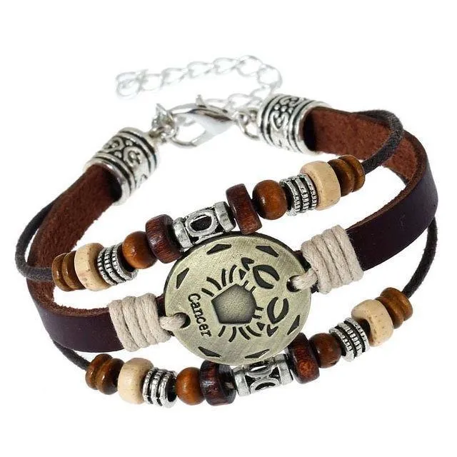 Three-Layered Ethnic Brown Leather Zodiac Bracelet [12 Variants]