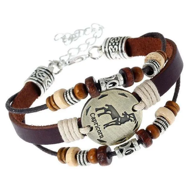 Three-Layered Ethnic Brown Leather Zodiac Bracelet [12 Variants]