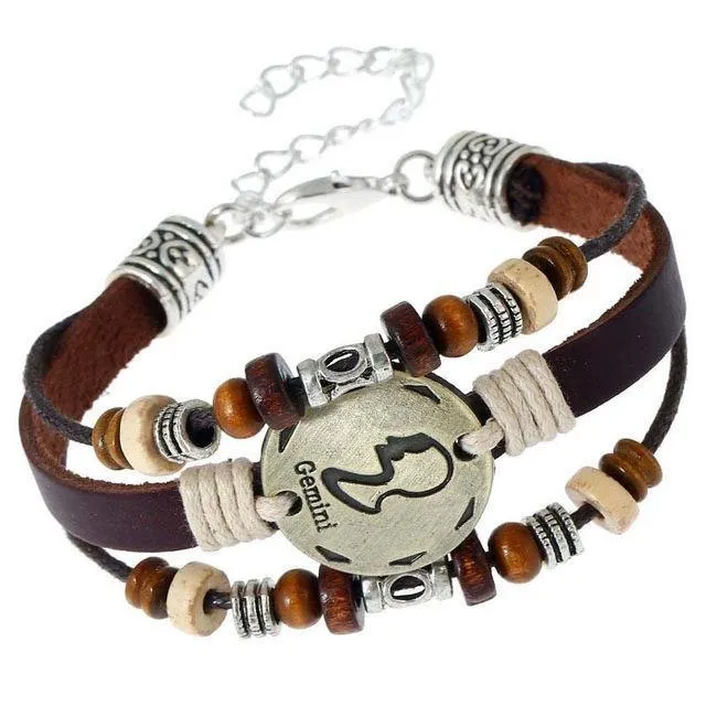 Three-Layered Ethnic Brown Leather Zodiac Bracelet [12 Variants]