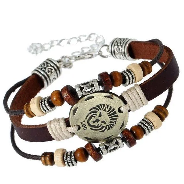 Three-Layered Ethnic Brown Leather Zodiac Bracelet [12 Variants]