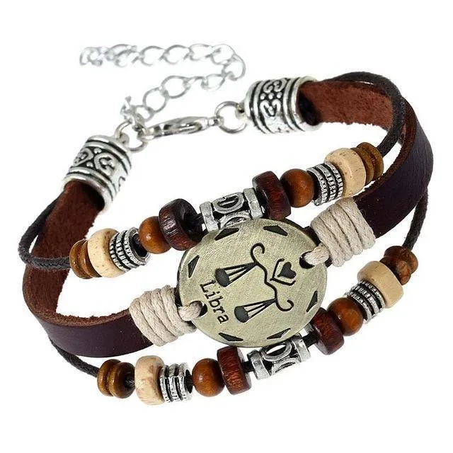 Three-Layered Ethnic Brown Leather Zodiac Bracelet [12 Variants]