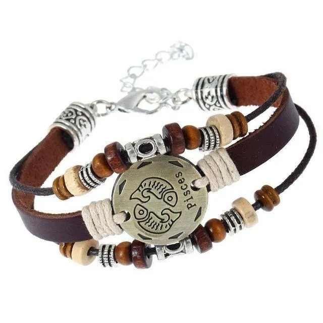 Three-Layered Ethnic Brown Leather Zodiac Bracelet [12 Variants]