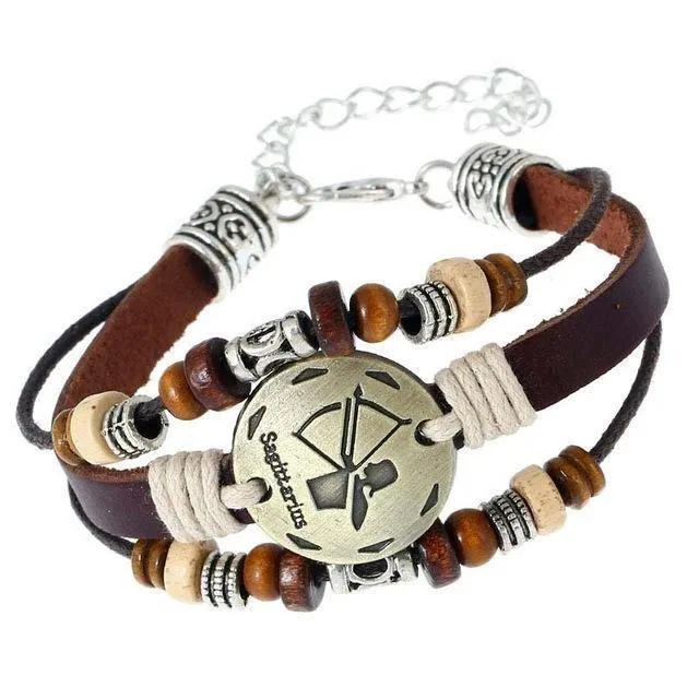 Three-Layered Ethnic Brown Leather Zodiac Bracelet [12 Variants]