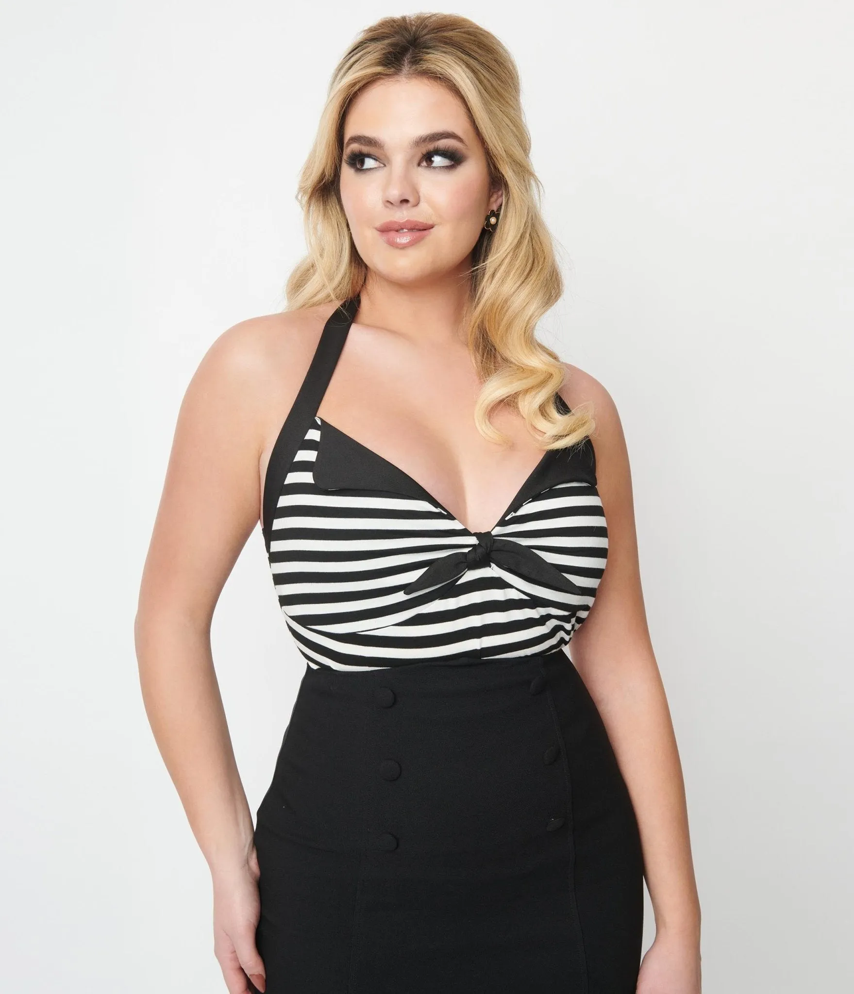 Unique Vintage Black & White Striped Halter Top