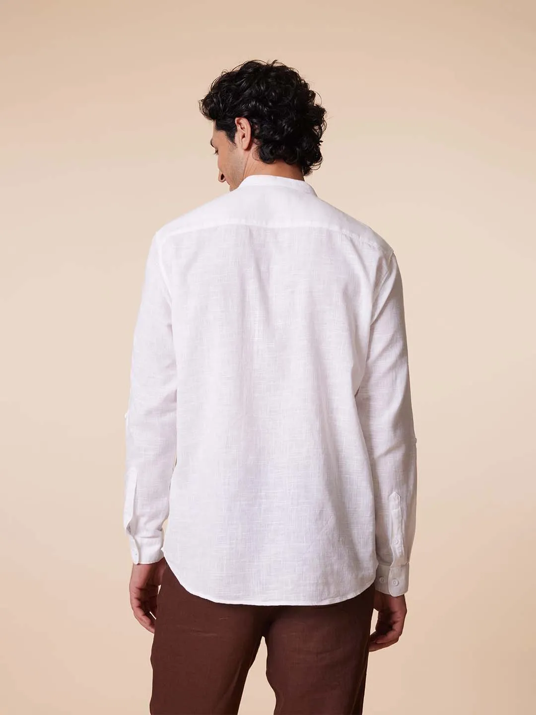 V-Neck Diamond Pocket White Shirt - Vedic