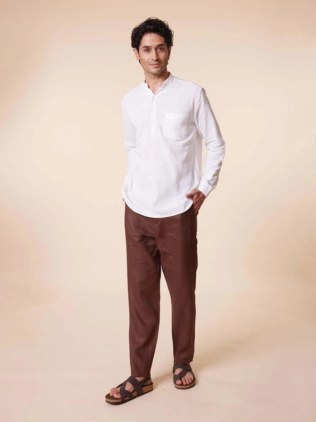 V-Neck Diamond Pocket White Shirt - Vedic