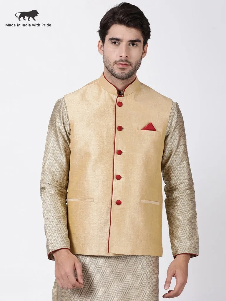 VASTRAMAY Men's Beige Cotton Silk Blend Ethnic Jacket