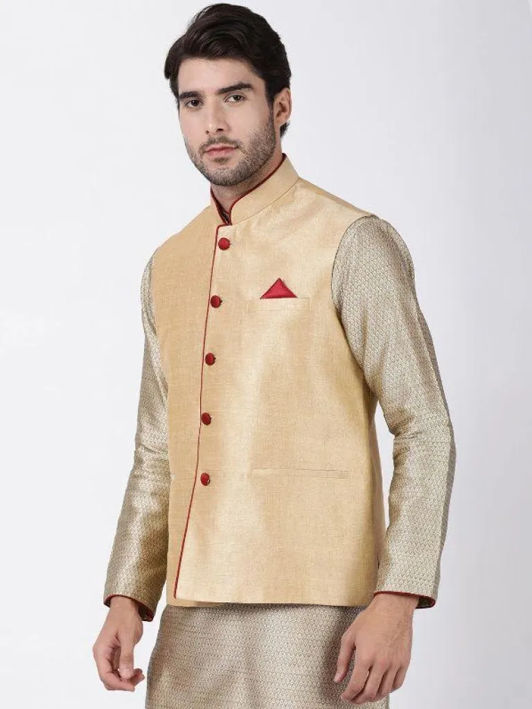 VASTRAMAY Men's Beige Cotton Silk Blend Ethnic Jacket