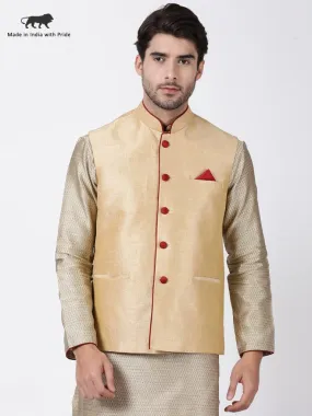 VASTRAMAY Men's Beige Cotton Silk Blend Ethnic Jacket