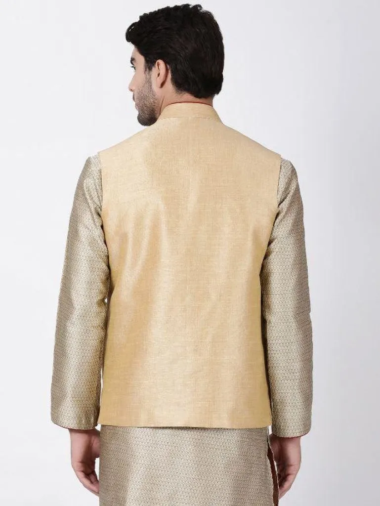 VASTRAMAY Men's Beige Cotton Silk Blend Ethnic Jacket