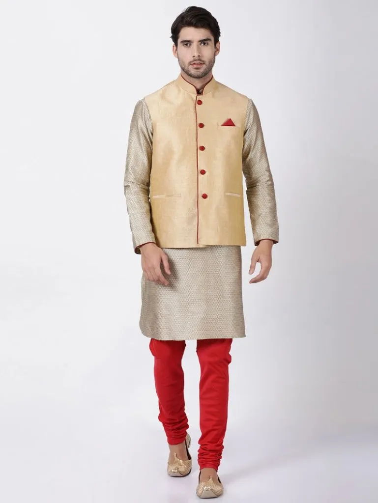 VASTRAMAY Men's Beige Cotton Silk Blend Ethnic Jacket