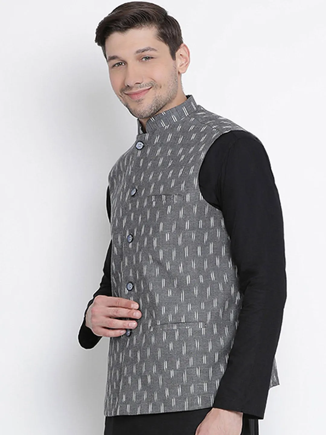 VASTRAMAY Men's Grey Cotton Ethnic Jacket