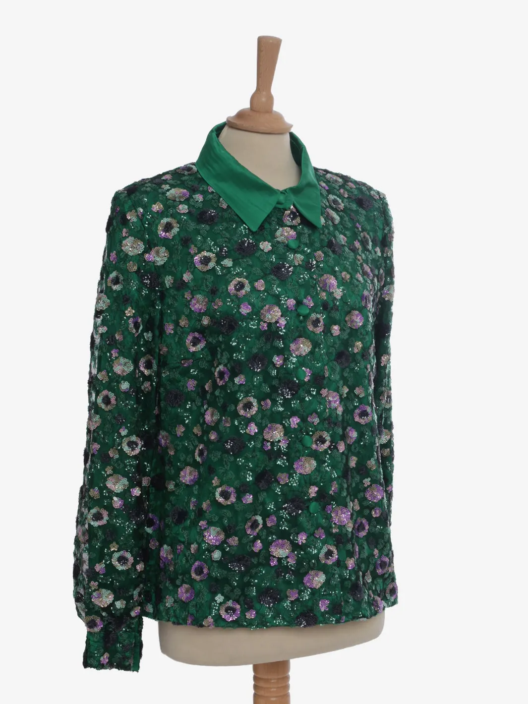 Vintage Silk Shirt With Sequin Floral Embroidery