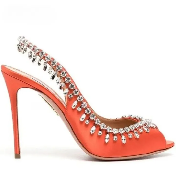 Women's Red Peep Toe Crystal Rhinestone Slingback Slip On Sexy Hi-heel Pumps