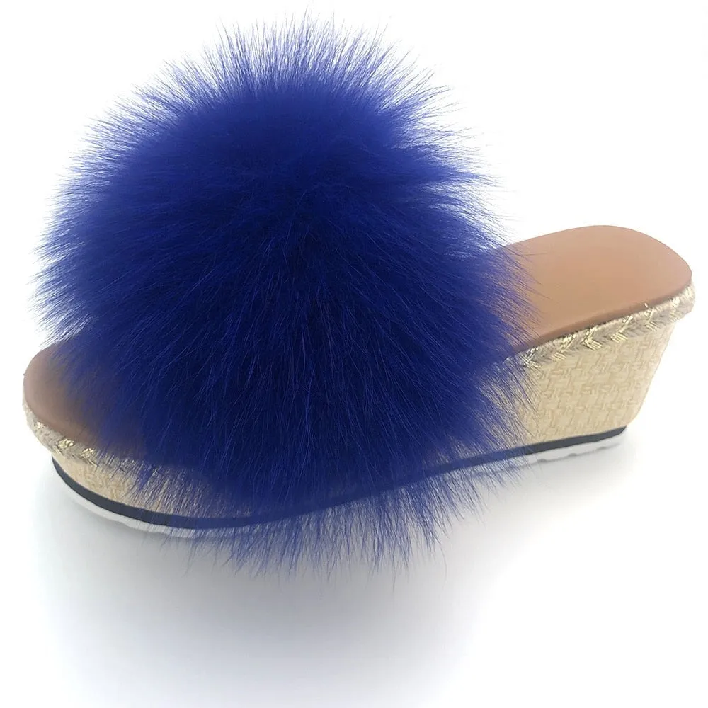 Women's Retro Style Luxury Fox Fur Blue Color Wedges House Slippers