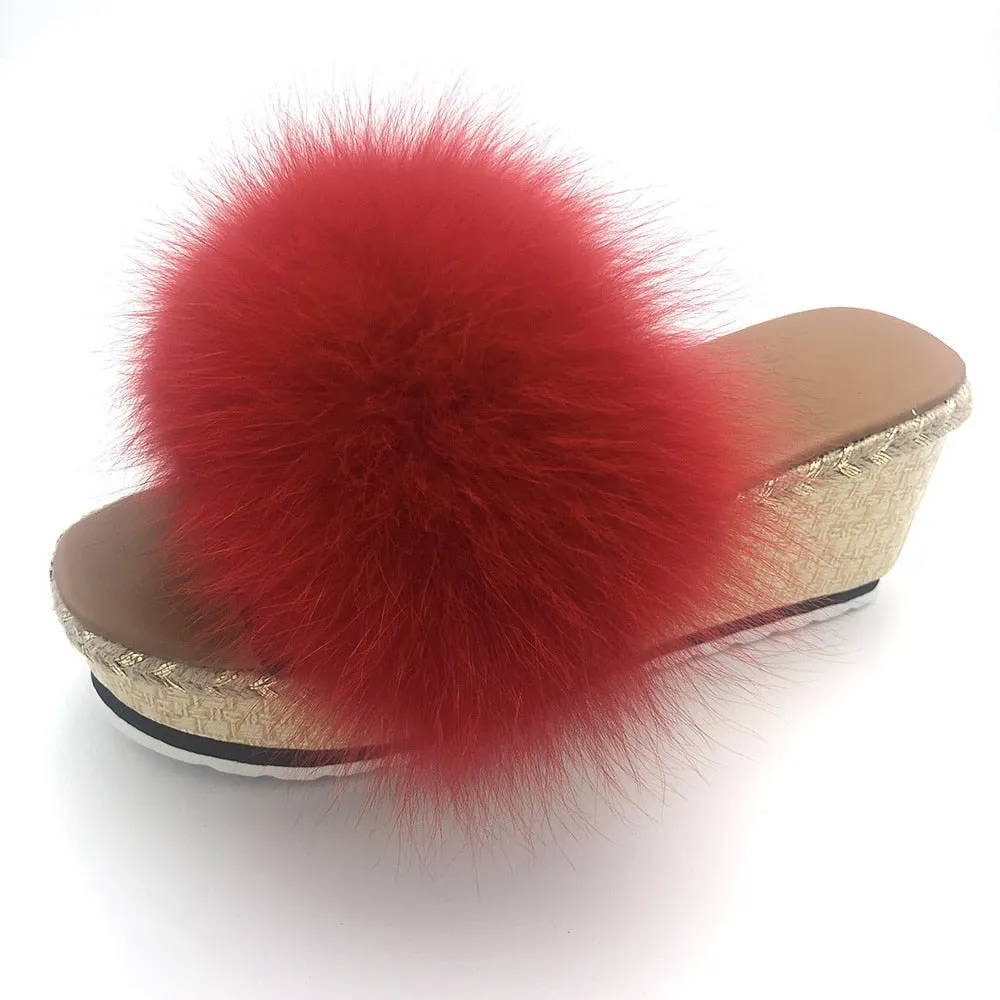 Women's Retro Style Luxury Red Real Fox Fur Wedge House Slippers