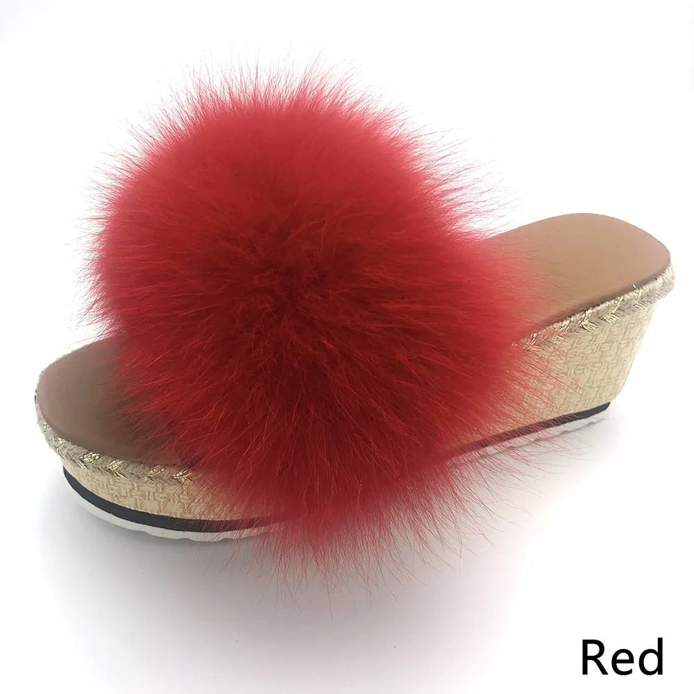 Women's Retro Style Luxury Red Real Fox Fur Wedge House Slippers