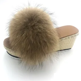 Women's Summer Raccoon Color Luxury Real Fox Fur Wedges Slippers